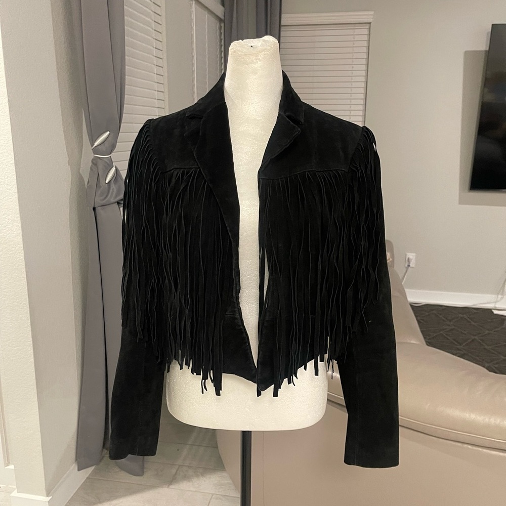 Y2K vintage XXI forever 21 genuine leather pigskin suede fringe cropped jacket M - Picture 2 of 7